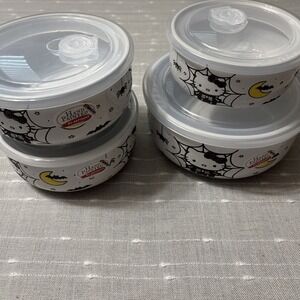 Hello Kitty Ceramic Halloween Skeleton Spider Web 4 PIECE CONTAINERS NEW